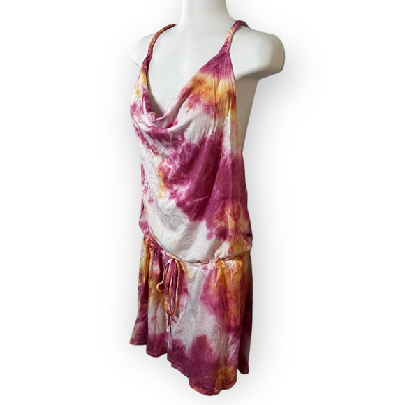 Hand Dyed Reworked Converse Tie Dye Pink, Yellow & White Blouson Sundress Size L - Picture 3 of 12